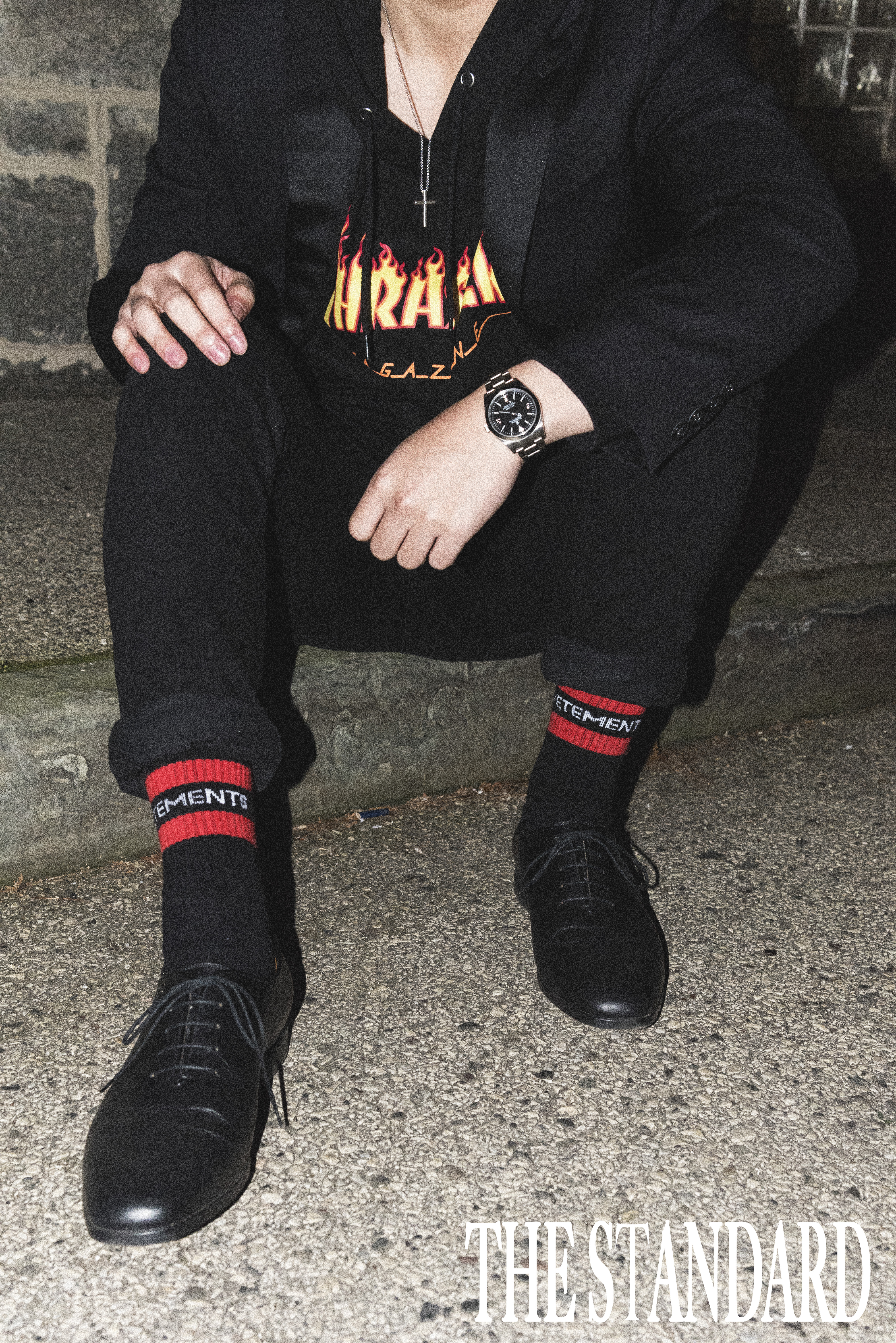 Jessica_Moh_Tony_Ward_Studio_Fashion_Photography_The_Standard_Black_Blazer_Thrasher_Hoodie_Vetements_Socks_Gucci_Shoes_Watch_Outfit_Words_In_Corner