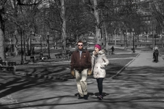 Rebecca_Huang_Boston_Boston_Commons_couple_strolling_afternoon_sunny_cold_chatting_gesturing_selective_black_and_white_color