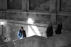Rebecca_Huang_Boston_Public_Library_entrance_stairs_marble_tourists_selective_black_and_white_color