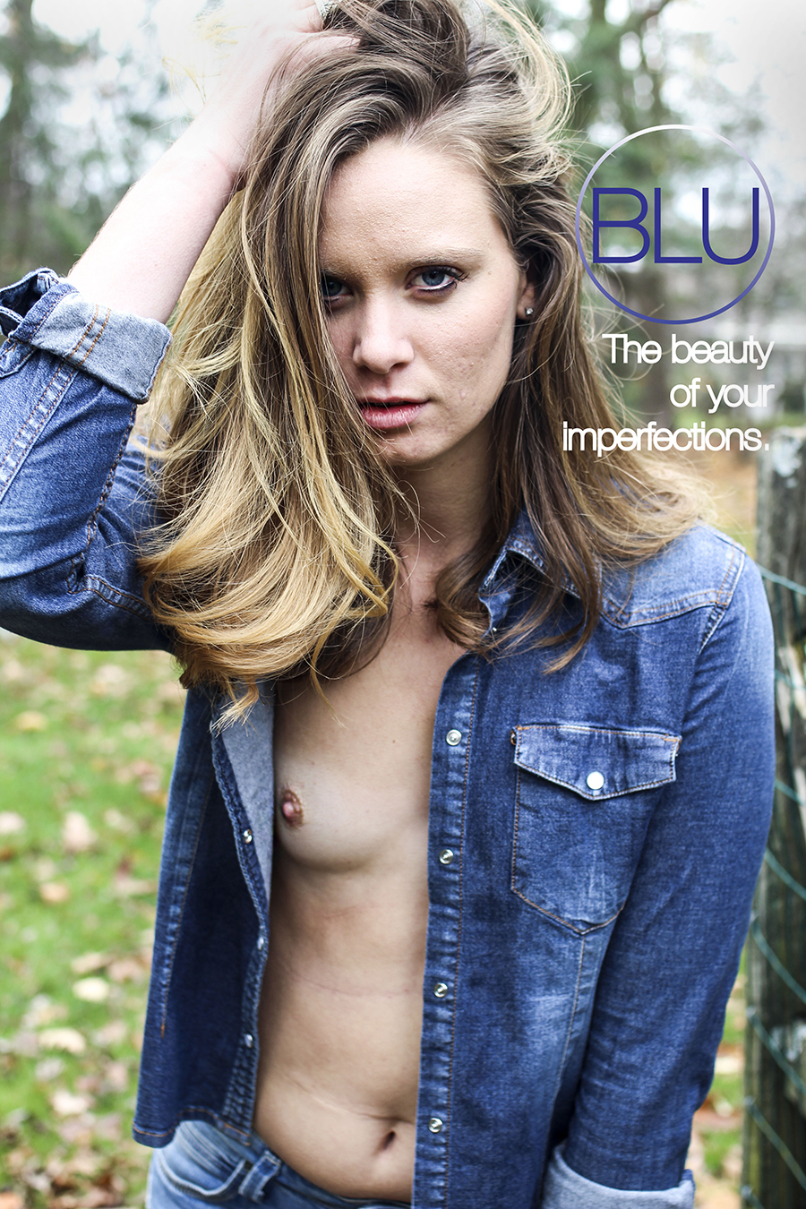 denim concept ad with bare natural breast no retouching