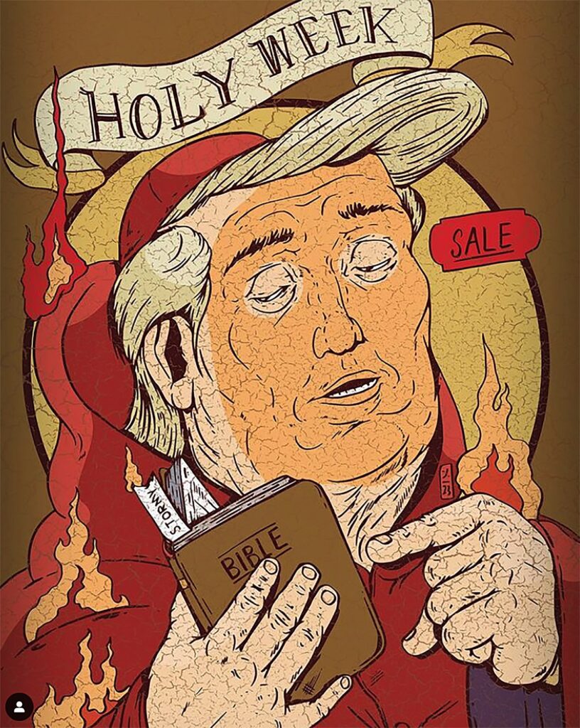 Illustration of grifter Donald Trump selling bibles by Thomcat23